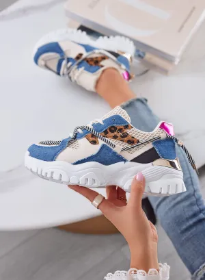 AMANDA - Chunky blue jeans sneakers with animal print details