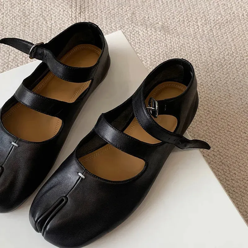 binfenxie  -  Fashion Split Toe Soft Leather Mary Janes Tabi Women Ballet Flats Spring Autumn Comfort Dance Loafers Casual Lazy Walking Shoes