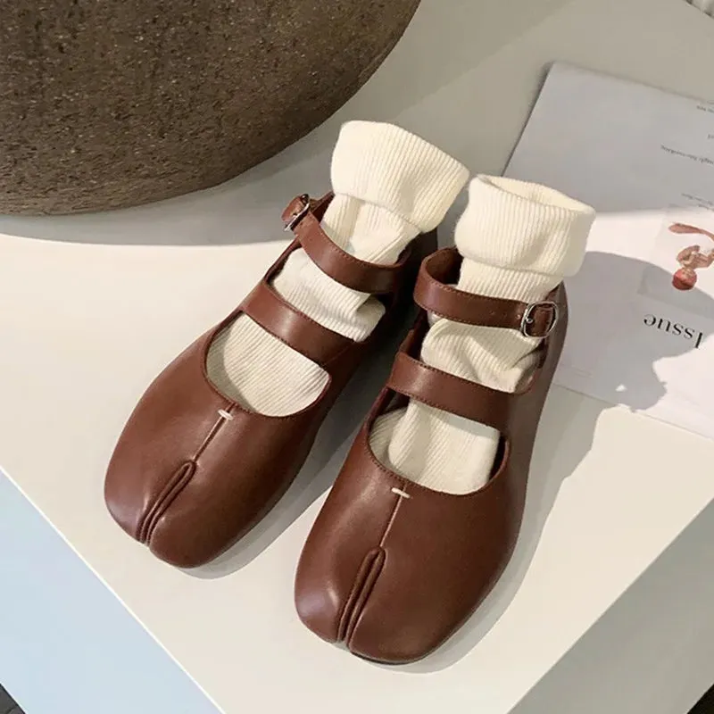 binfenxie  -  Fashion Split Toe Soft Leather Mary Janes Tabi Women Ballet Flats Spring Autumn Comfort Dance Loafers Casual Lazy Walking Shoes