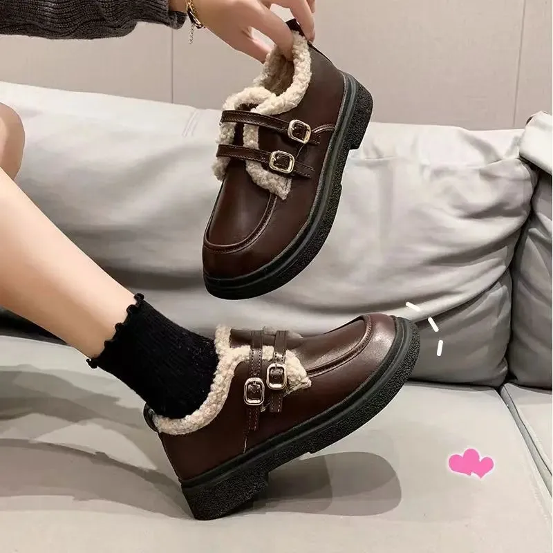 binfenxie  -  Mary Jane Women's Little Leather Shoes Autumn and Winter Cotton Shoes Retro Double Button Plush Warm Mid Heel Loafers