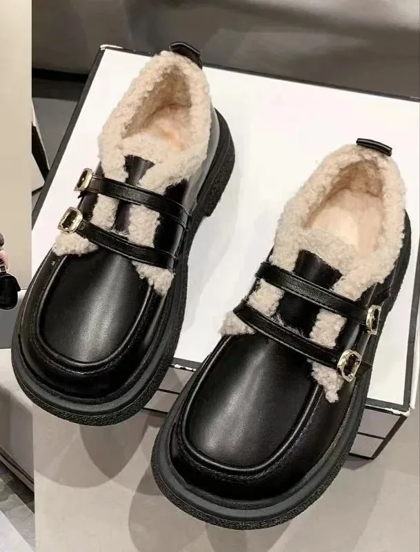 binfenxie  -  Mary Jane Women's Little Leather Shoes Autumn and Winter Cotton Shoes Retro Double Button Plush Warm Mid Heel Loafers