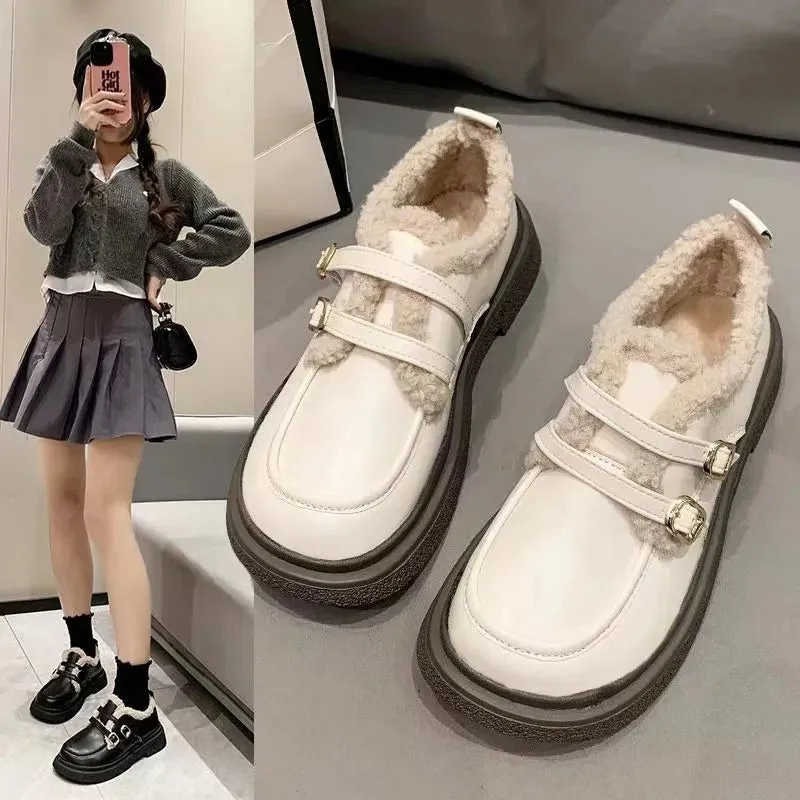 binfenxie  -  Mary Jane Women's Little Leather Shoes Autumn and Winter Cotton Shoes Retro Double Button Plush Warm Mid Heel Loafers