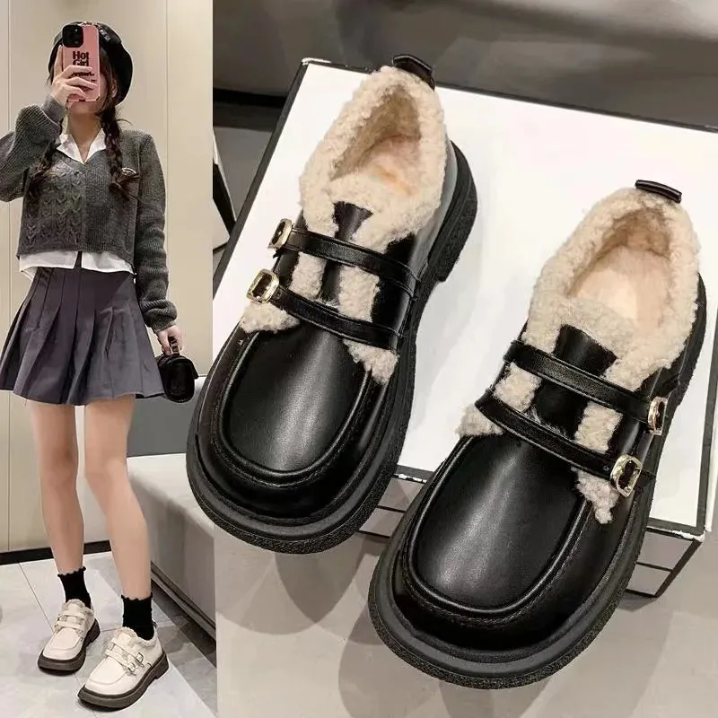 binfenxie  -  Mary Jane Women's Little Leather Shoes Autumn and Winter Cotton Shoes Retro Double Button Plush Warm Mid Heel Loafers