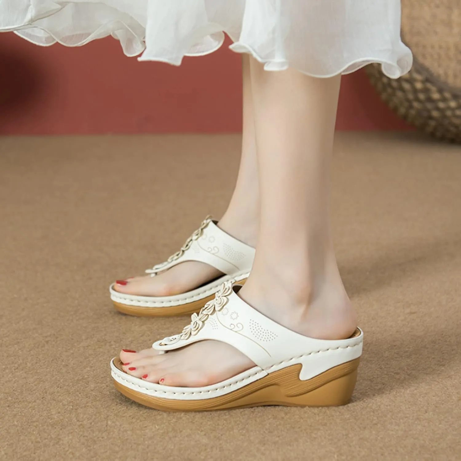 Bohemian Orthopedic Sandals for Women 2025 Floral Hollow Out Mesh Sports Sandals Casual Thick Soled Height Increasing Sandals