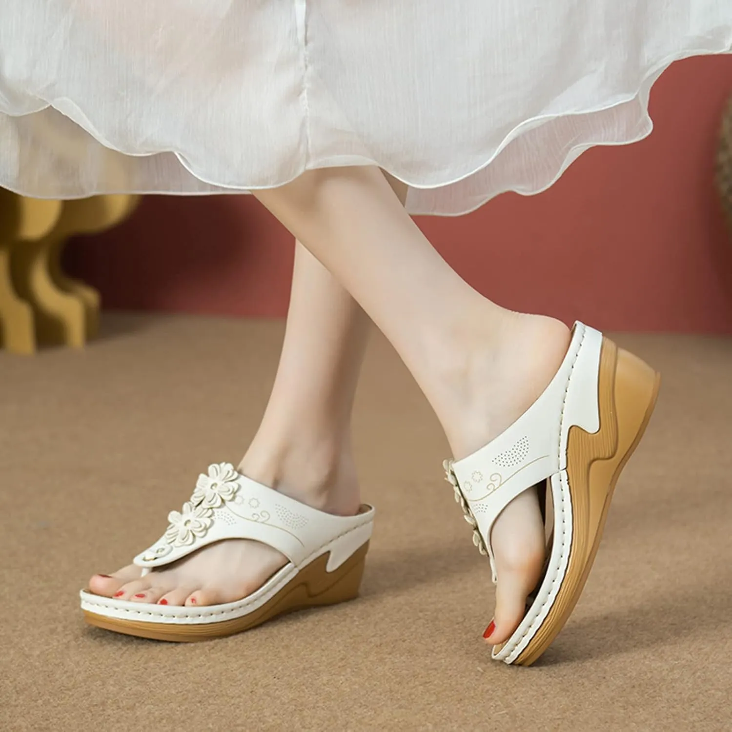 Bohemian Orthopedic Sandals for Women 2025 Floral Hollow Out Mesh Sports Sandals Casual Thick Soled Height Increasing Sandals