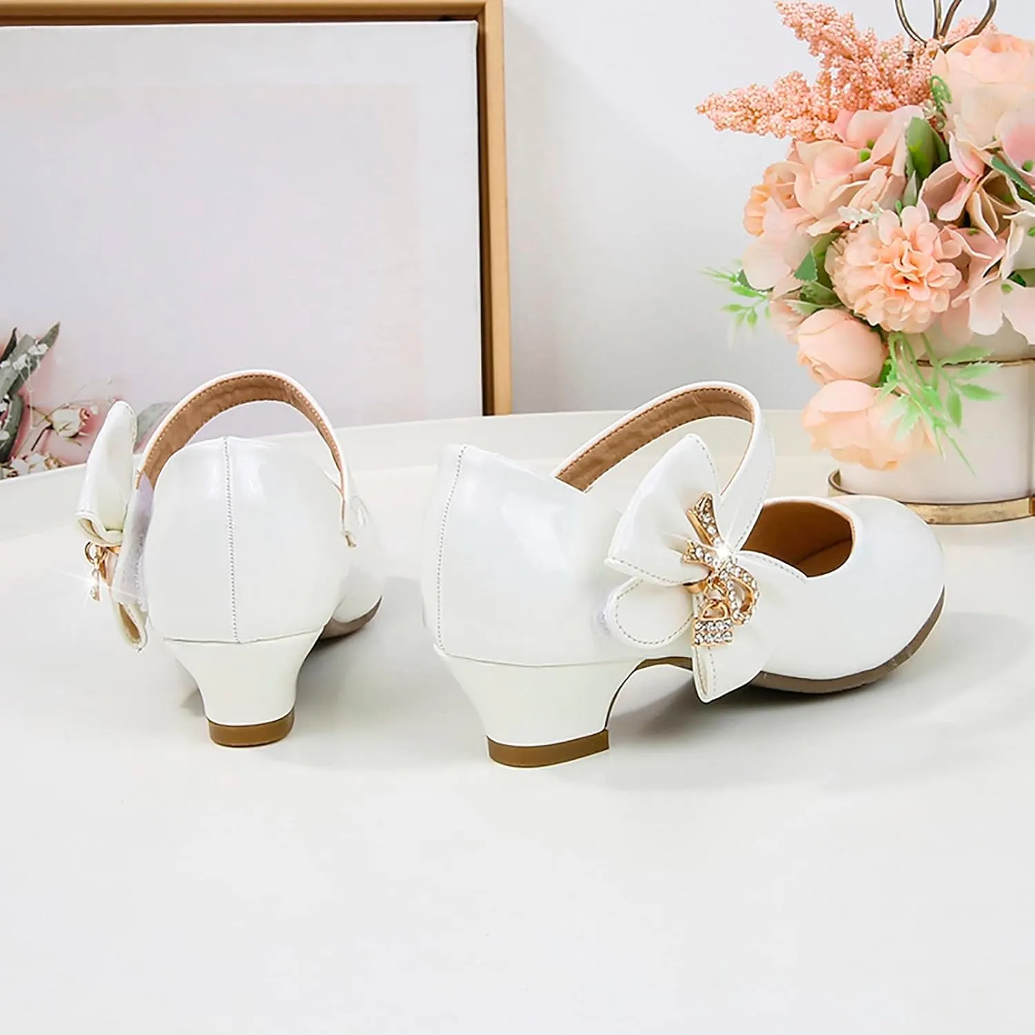 Children's Girl Mary Jane Shoes Low Heel Princess Dance Shoes Bnowknot Flower Wedding Birthday Party Dress Pumps