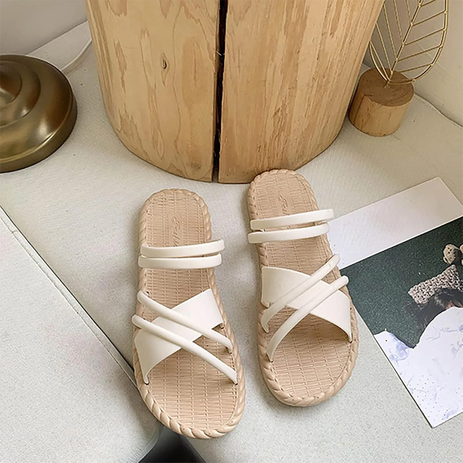 Cross Straps Sandals for Women Flats Casual Summer Open Toe Hollow Out Slip-on Slipper Solid Lightweight Comfy Outdoor Non-Slip Shoes Slides