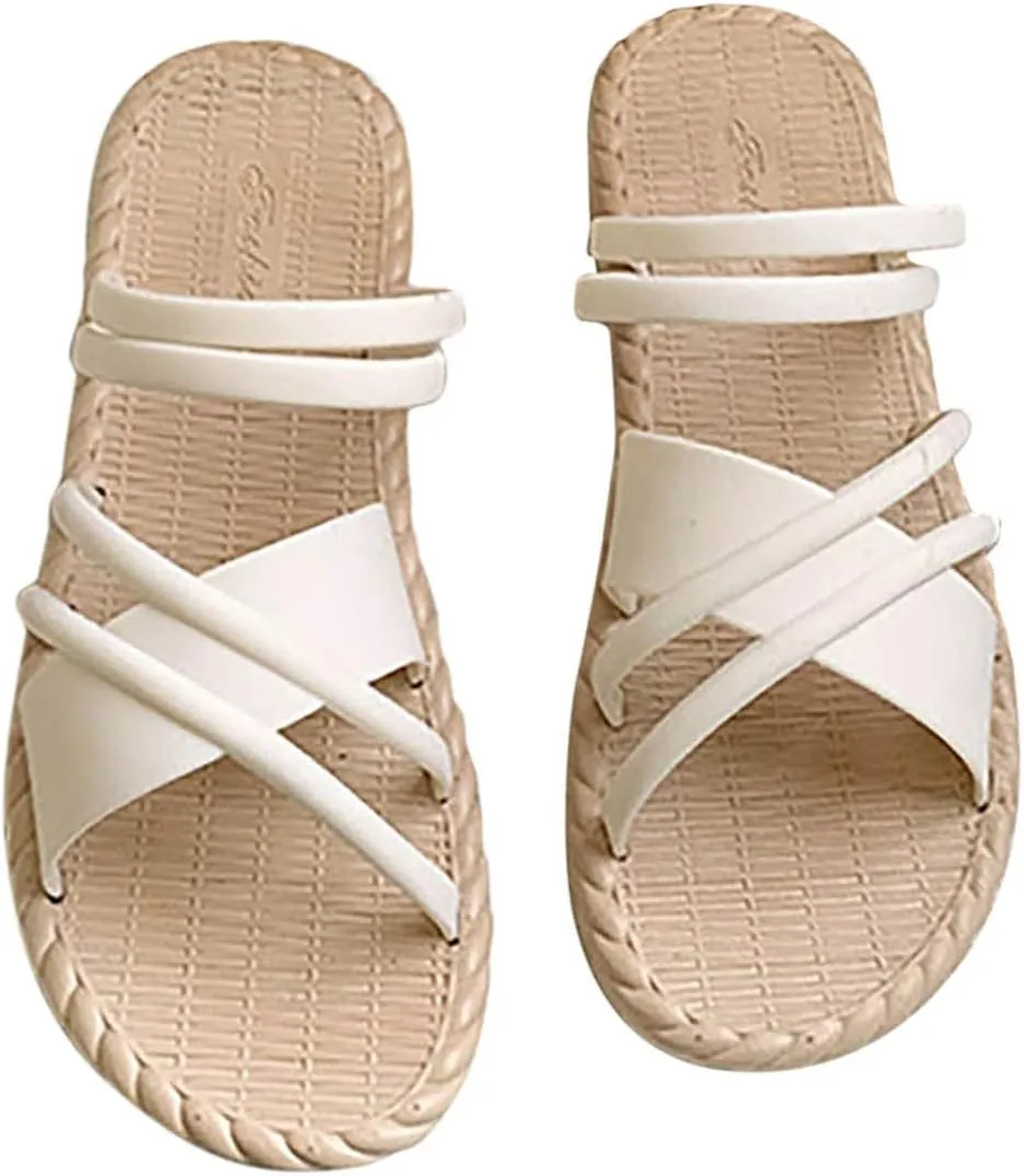 Cross Straps Sandals for Women Flats Casual Summer Open Toe Hollow Out Slip-on Slipper Solid Lightweight Comfy Outdoor Non-Slip Shoes Slides