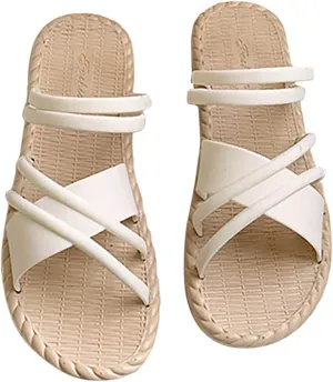 Cross Straps Sandals for Women Flats Casual Summer Open Toe Hollow Out Slip-on Slipper Solid Lightweight Comfy Outdoor Non-Slip Shoes Slides