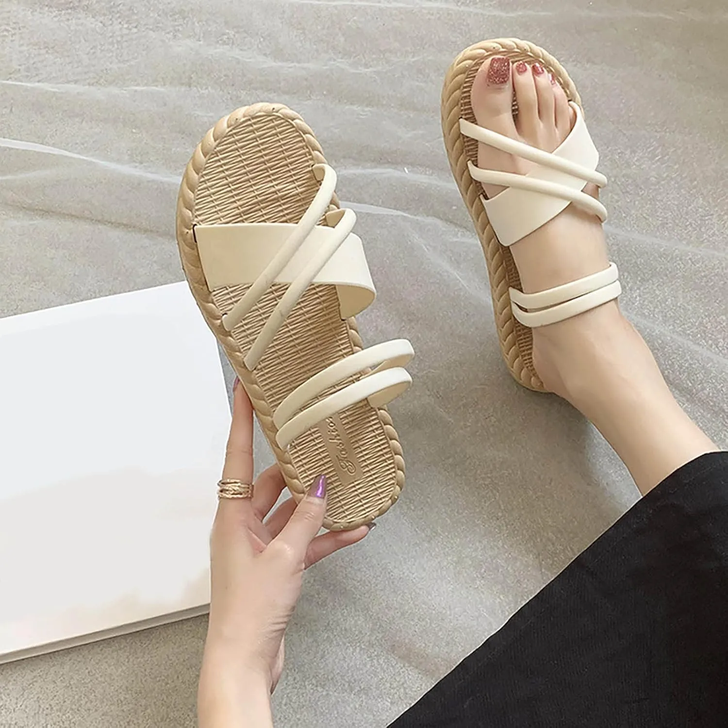 Cross Straps Sandals for Women Flats Casual Summer Open Toe Hollow Out Slip-on Slipper Solid Lightweight Comfy Outdoor Non-Slip Shoes Slides