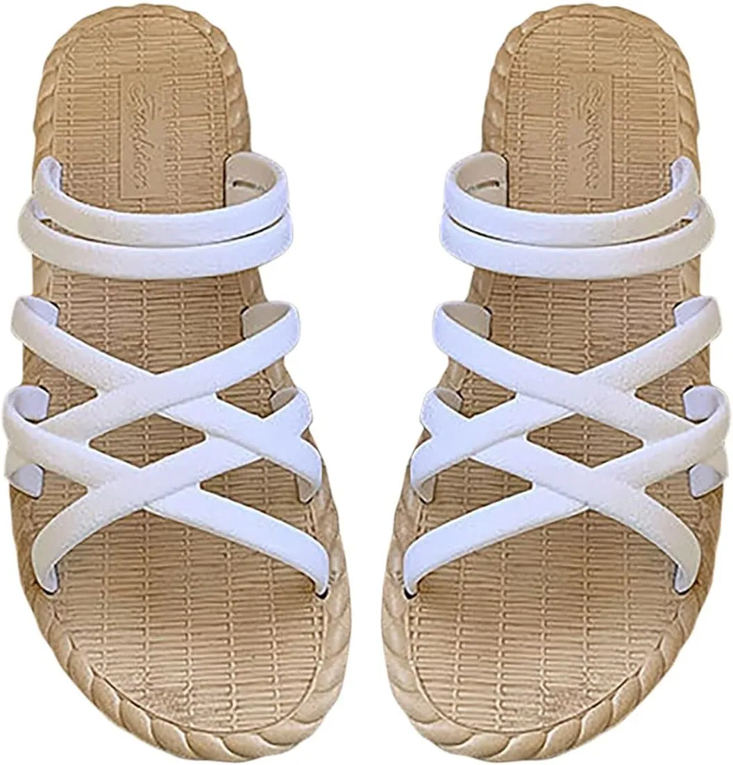 Cross Straps Sandals for Women Flats Casual Summer Open Toe Hollow Out Slip-on Slipper Solid Lightweight Comfy Outdoor Non-Slip Shoes Slides