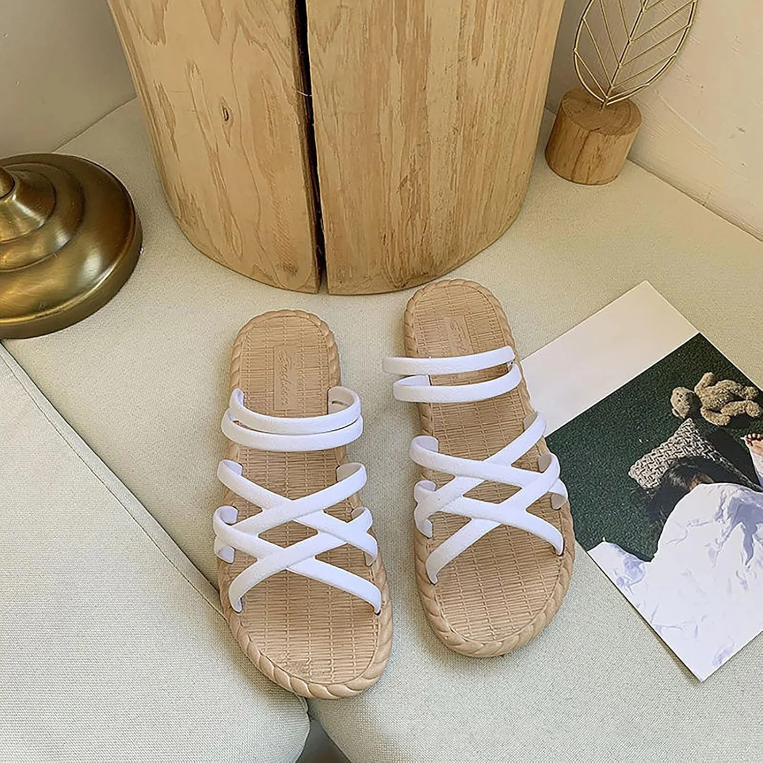 Cross Straps Sandals for Women Flats Casual Summer Open Toe Hollow Out Slip-on Slipper Solid Lightweight Comfy Outdoor Non-Slip Shoes Slides