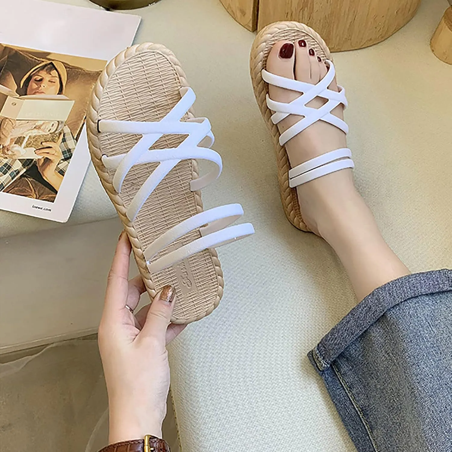 Cross Straps Sandals for Women Flats Casual Summer Open Toe Hollow Out Slip-on Slipper Solid Lightweight Comfy Outdoor Non-Slip Shoes Slides