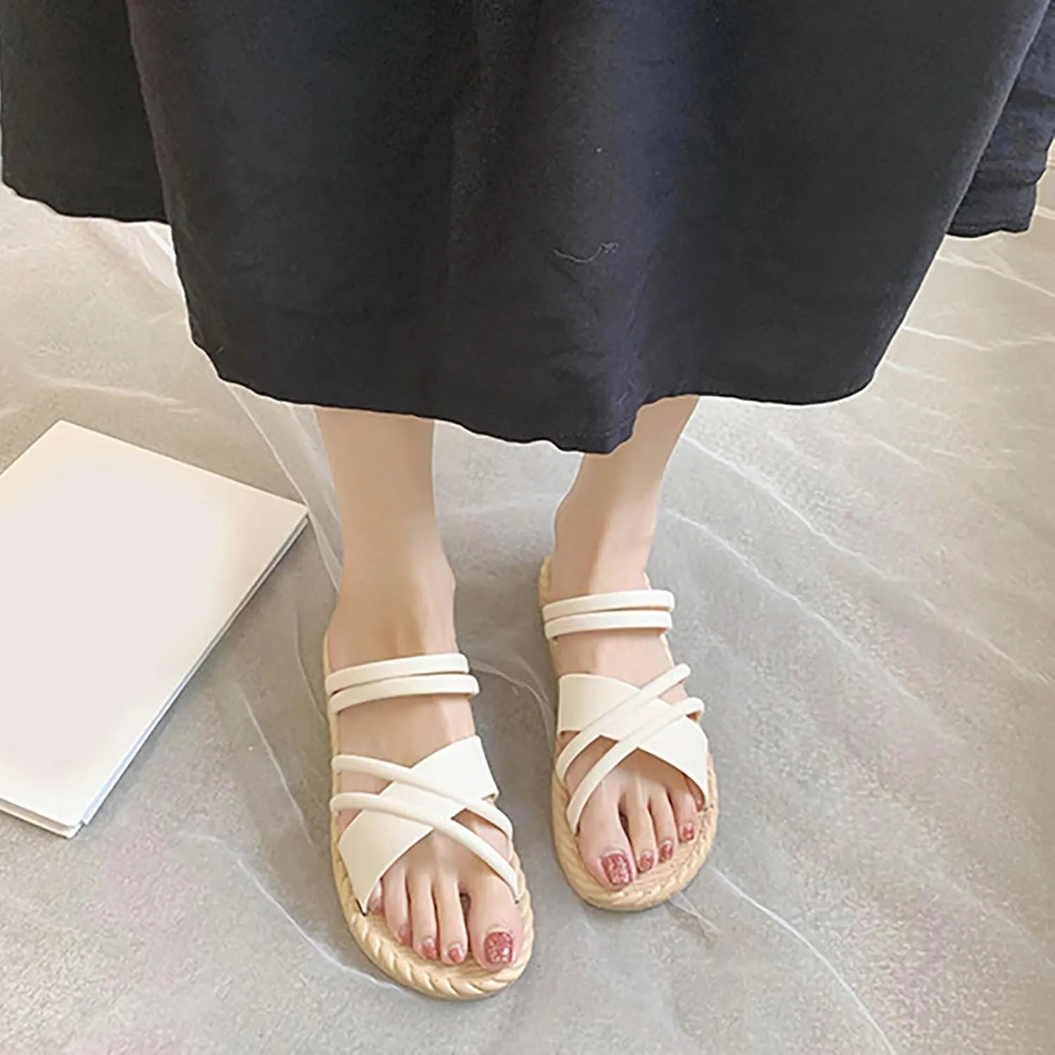 Cross Straps Sandals for Women Flats Casual Summer Open Toe Hollow Out Slip-on Slipper Solid Lightweight Comfy Outdoor Non-Slip Shoes Slides