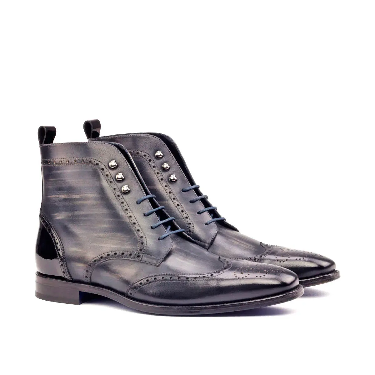 DapperFam Valiant in Grey / Black Men's Italian Patent Leather & Hand-Painted Patina Military Brogue