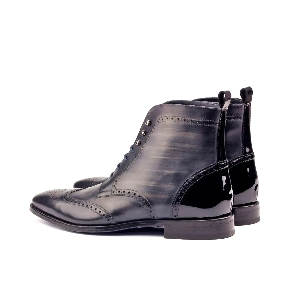 DapperFam Valiant in Grey / Black Men's Italian Patent Leather & Hand-Painted Patina Military Brogue