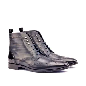 DapperFam Valiant in Grey / Black Men's Italian Patent Leather & Hand-Painted Patina Military Brogue