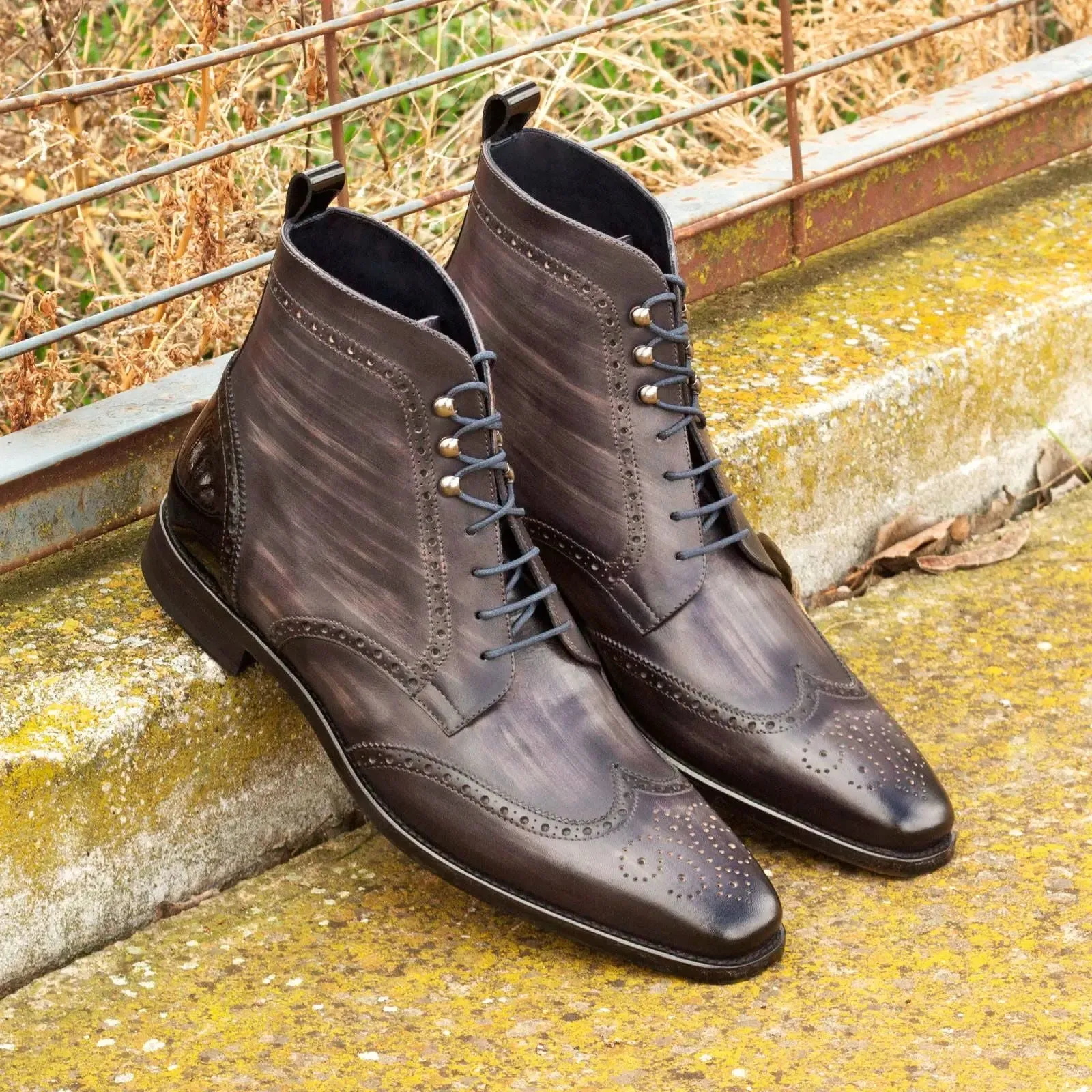 DapperFam Valiant in Grey / Black Men's Italian Patent Leather & Hand-Painted Patina Military Brogue