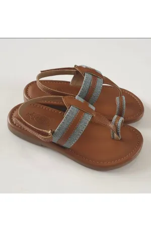 Denim and tan kolhapuri flats