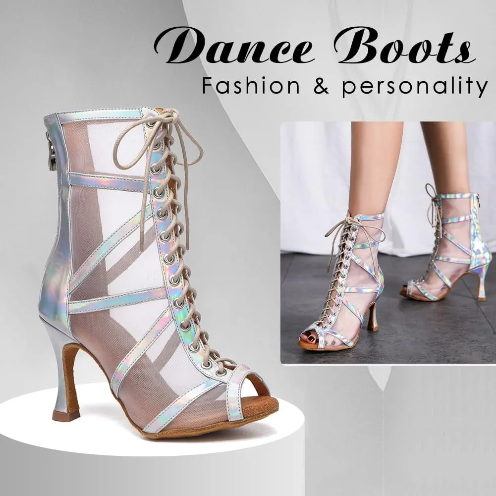 DKZSYIM Open Toe Dance Boots Women Latin Salsa Ballroom Lace-up Ankle Dance Shoes,Model YCL555
