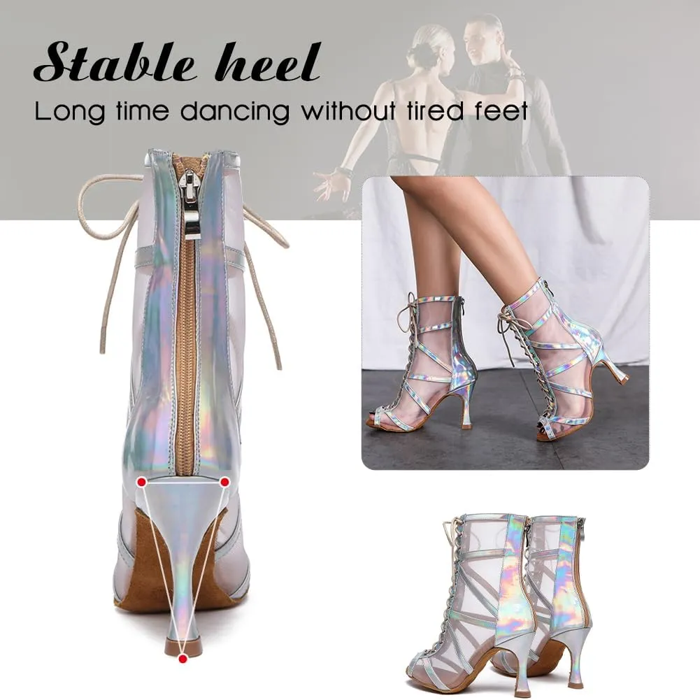 DKZSYIM Open Toe Dance Boots Women Latin Salsa Ballroom Lace-up Ankle Dance Shoes,Model YCL555