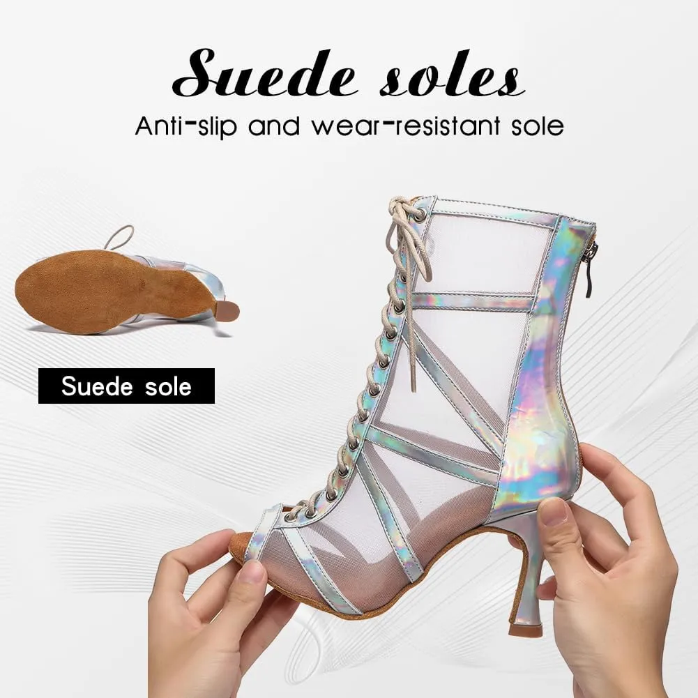 DKZSYIM Open Toe Dance Boots Women Latin Salsa Ballroom Lace-up Ankle Dance Shoes,Model YCL555
