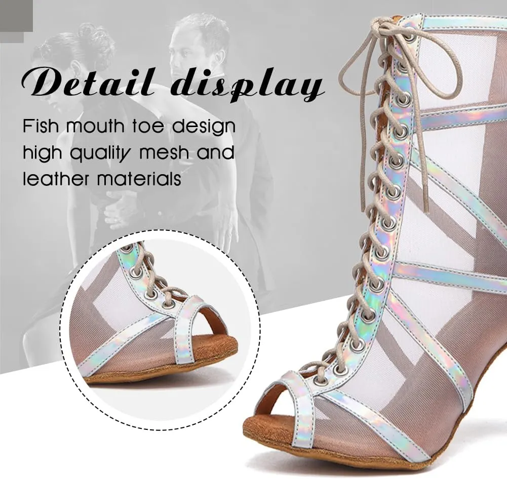 DKZSYIM Open Toe Dance Boots Women Latin Salsa Ballroom Lace-up Ankle Dance Shoes,Model YCL555