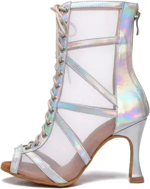 DKZSYIM Open Toe Dance Boots Women Latin Salsa Ballroom Lace-up Ankle Dance Shoes,Model YCL555