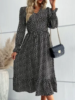 Dynamic Black Printed V-Neck Midi Dress