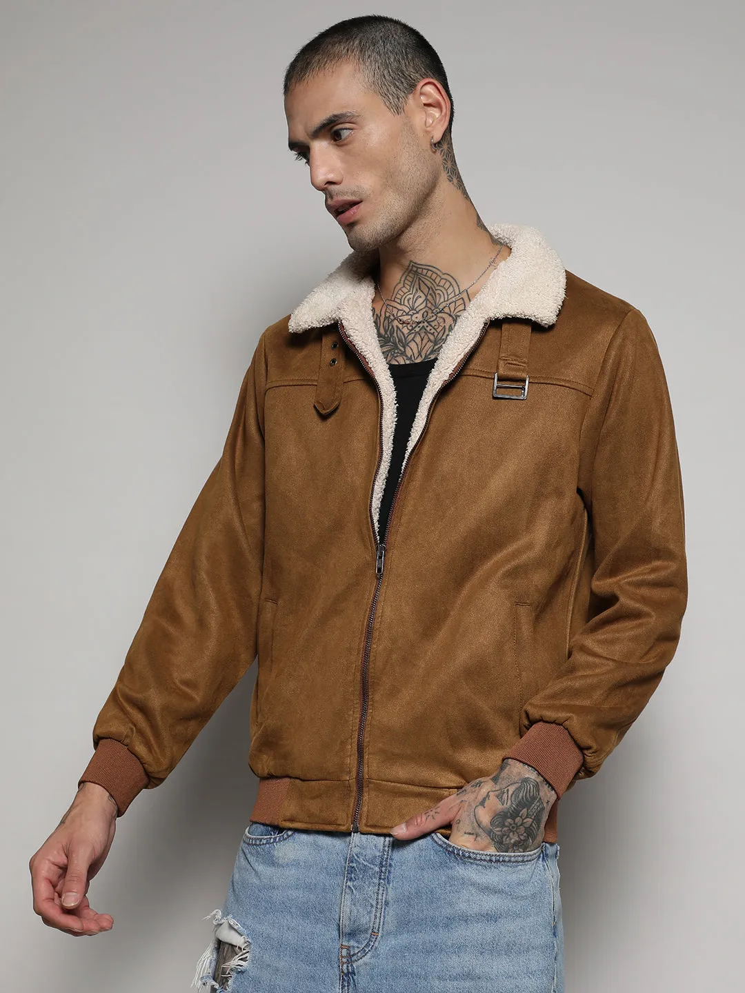 Fur-Lined Suede Bomber Jacket