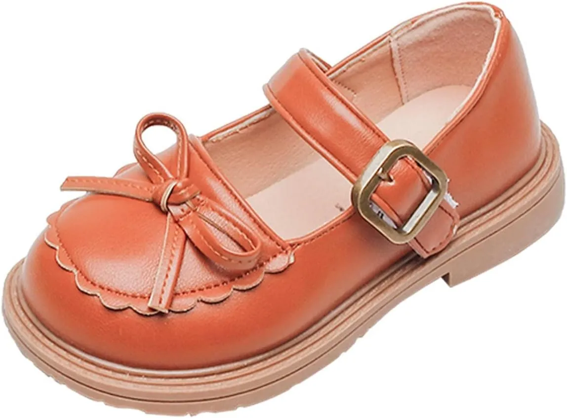 Girls Leather Bow Design Soft Round Toe Princess Dress Flat Shoes(Toddler/Little Kid/Big Kids) Toddler Walking