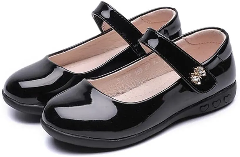Girls Leatherette Mary Jane Strap Dress Shoes Black School Uniform Flats for Toddler/Little Kid