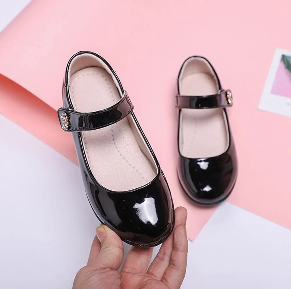 Girls Leatherette Mary Jane Strap Dress Shoes Black School Uniform Flats for Toddler/Little Kid
