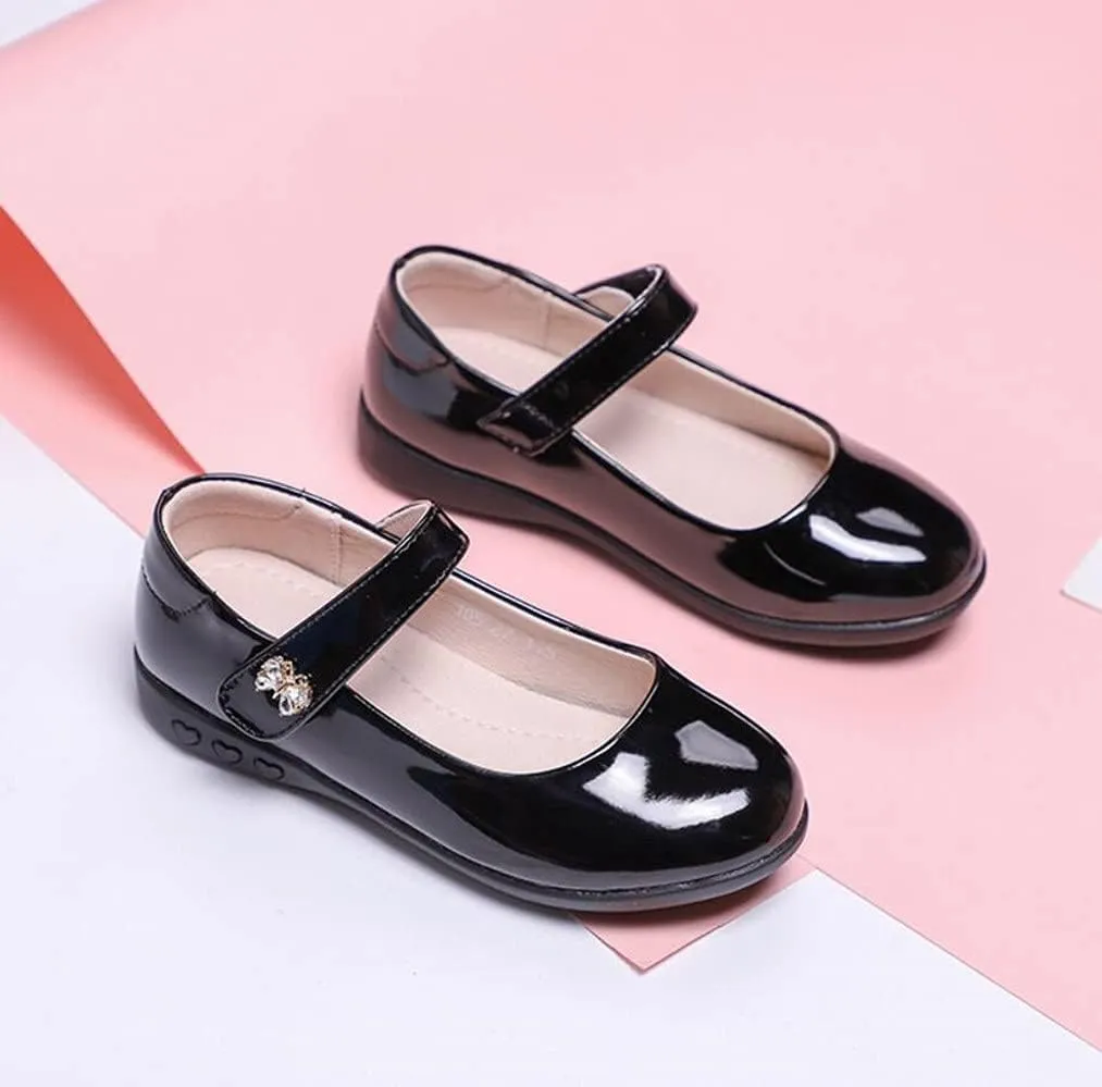 Girls Leatherette Mary Jane Strap Dress Shoes Black School Uniform Flats for Toddler/Little Kid