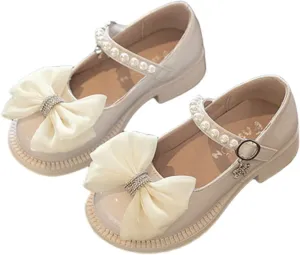 Girls Mary Jane Shoes Bow Pearl Ballerina Flats Ankle Strap Wedding Party School Dress Shoes For Women