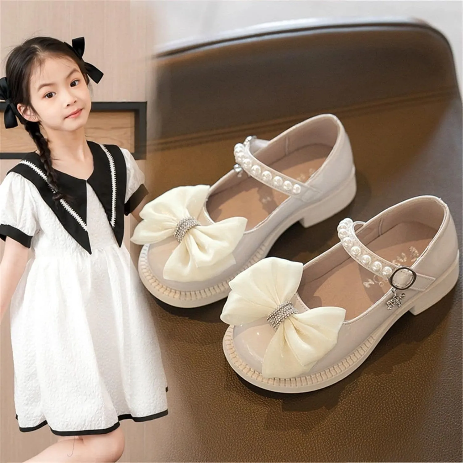 Girls Mary Jane Shoes Bow Pearl Ballerina Flats Ankle Strap Wedding Party School Dress Shoes For Women