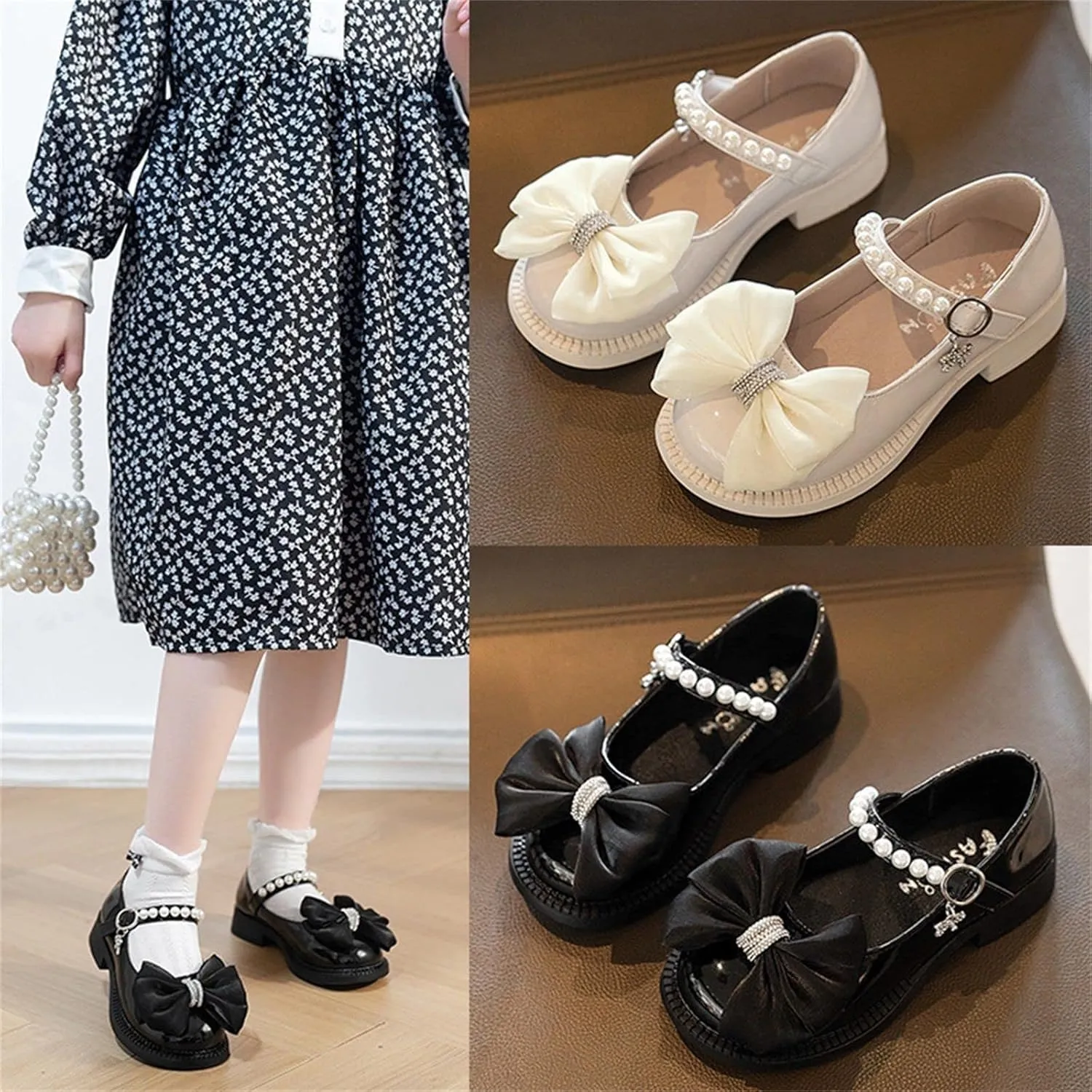 Girls Mary Jane Shoes Bow Pearl Ballerina Flats Ankle Strap Wedding Party School Dress Shoes For Women
