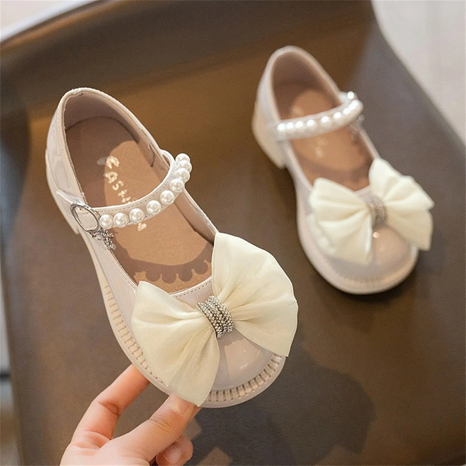 Girls Mary Jane Shoes Bow Pearl Ballerina Flats Ankle Strap Wedding Party School Dress Shoes For Women