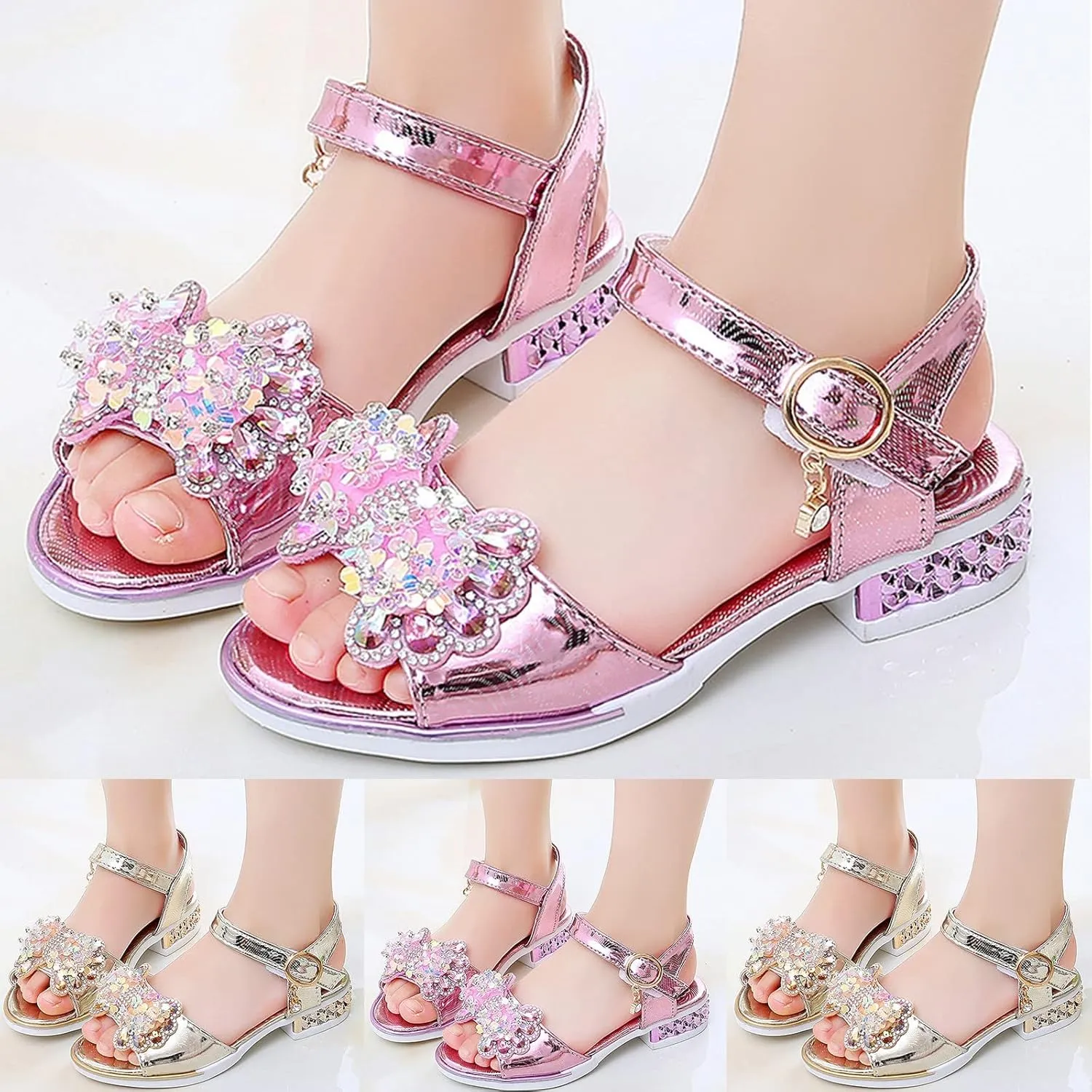 Girls Rhinestone Bowknot Sandals Kids Glitter Princess Sweet Low Heel Open Toe Ankle Buckle Wedding Party Shoes