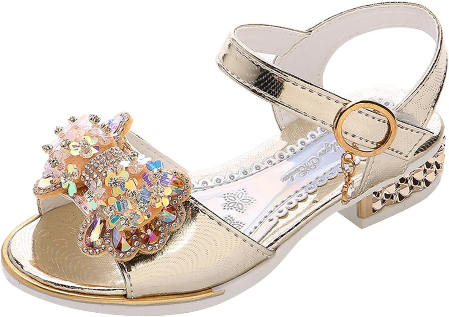 Girls Rhinestone Bowknot Sandals Kids Glitter Princess Sweet Low Heel Open Toe Ankle Buckle Wedding Party Shoes