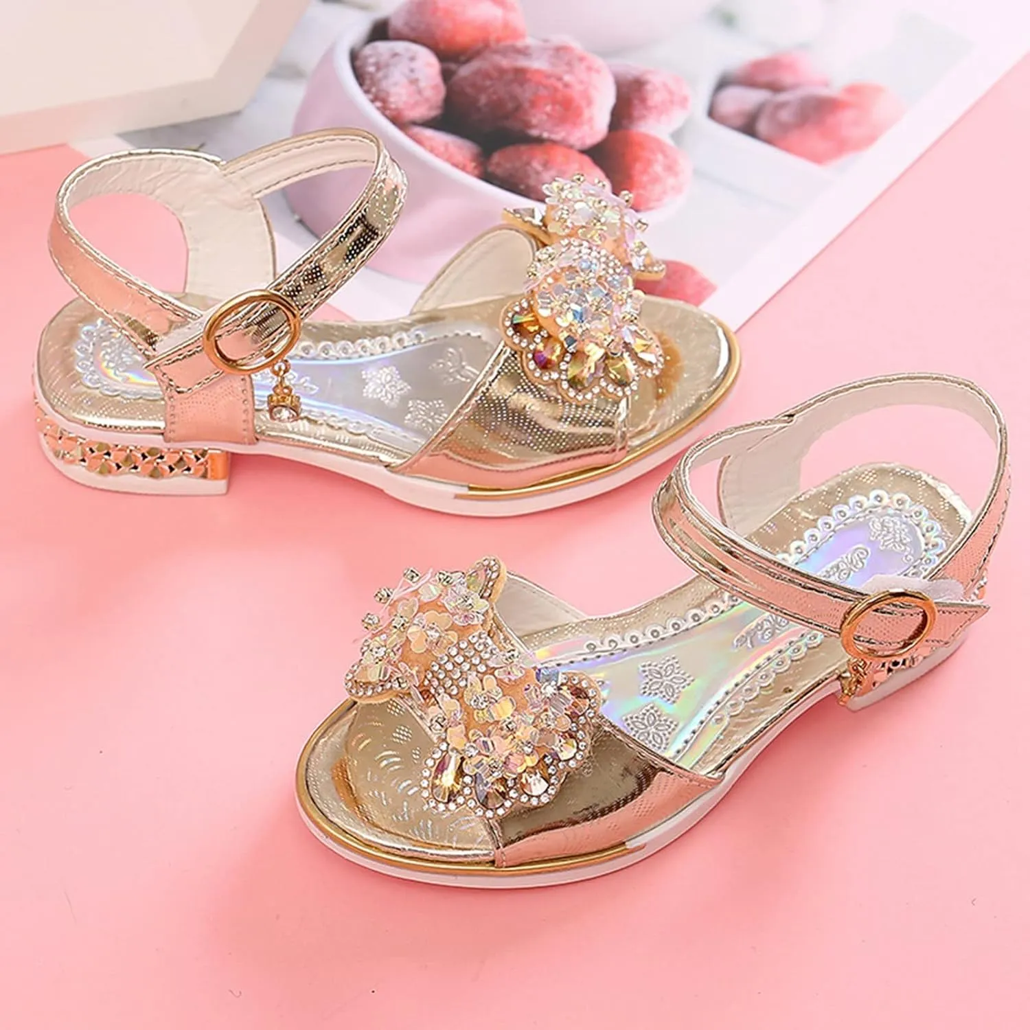 Girls Rhinestone Bowknot Sandals Kids Glitter Princess Sweet Low Heel Open Toe Ankle Buckle Wedding Party Shoes