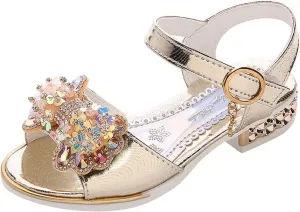 Girls Rhinestone Bowknot Sandals Kids Glitter Princess Sweet Low Heel Open Toe Ankle Buckle Wedding Party Shoes