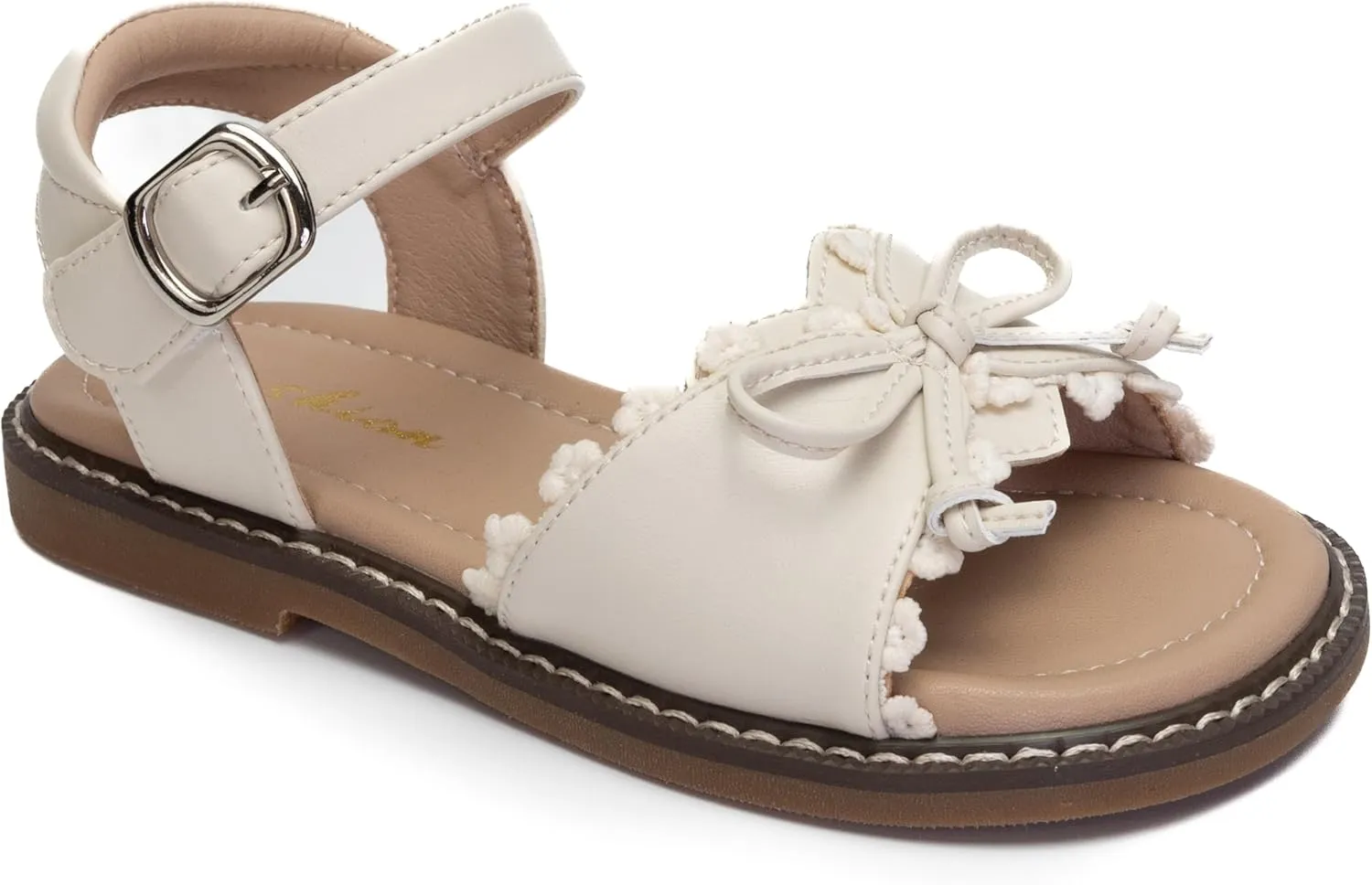 Girls White Sandals with Bowknot and Ruffle Trim - Toddler Dress Sandals with Adjustable Strap - Non-Slip Summer Shoes for Little Girls Ages 3-10 (Beige, Toddler, Women's, 10.5, Digital, US Shoe System, Medium (Medium))