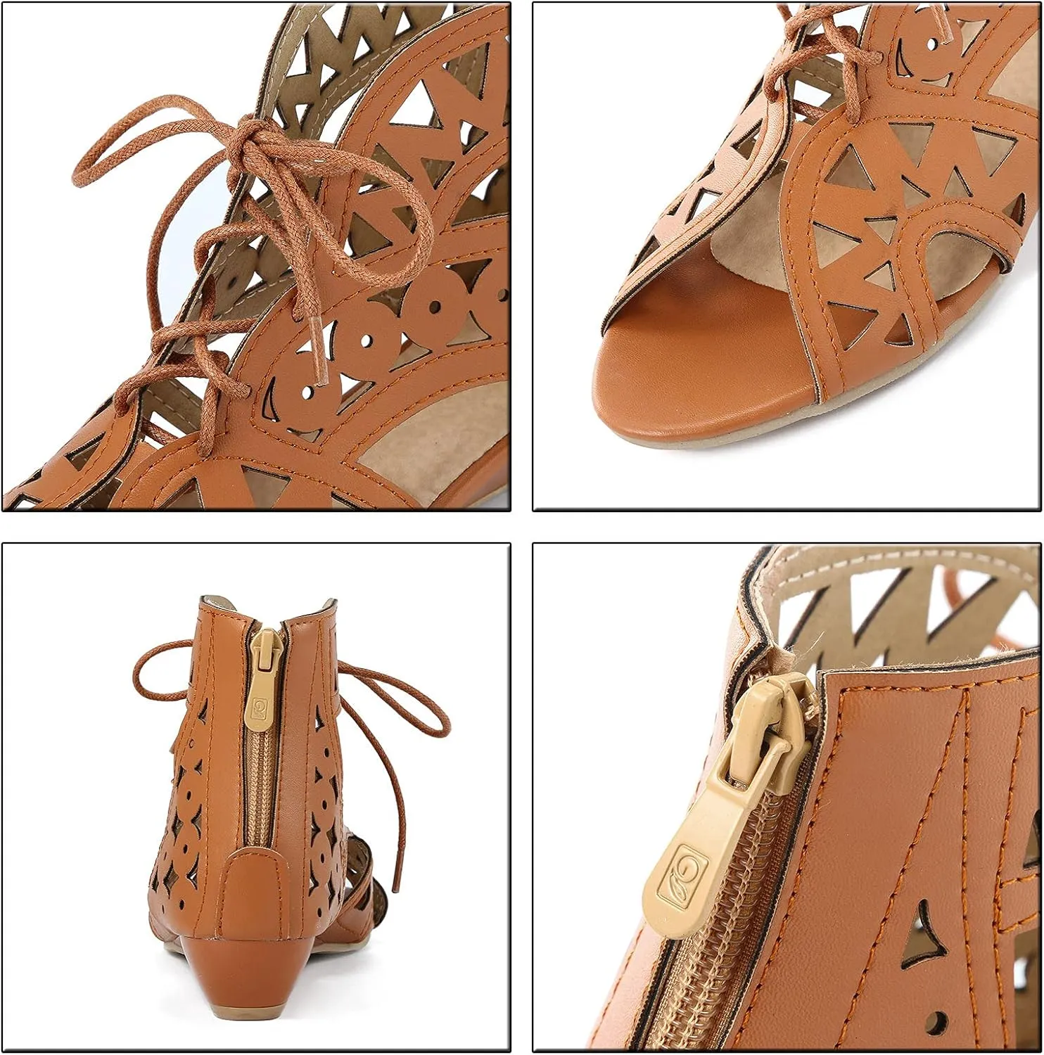Gladiator Sandals for Women Wedge,Comfy Sandals Ladies Fashion Hollow Out Low Heel Lace Up Vintage Sandals with Zipper