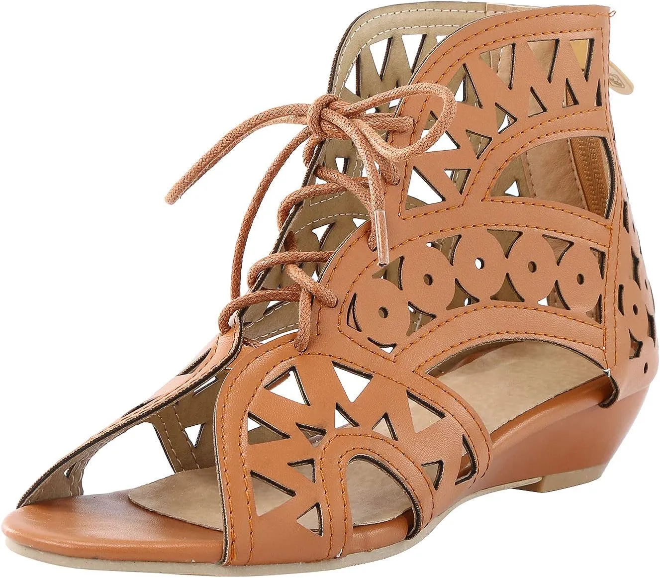 Gladiator Sandals for Women Wedge,Comfy Sandals Ladies Fashion Hollow Out Low Heel Lace Up Vintage Sandals with Zipper
