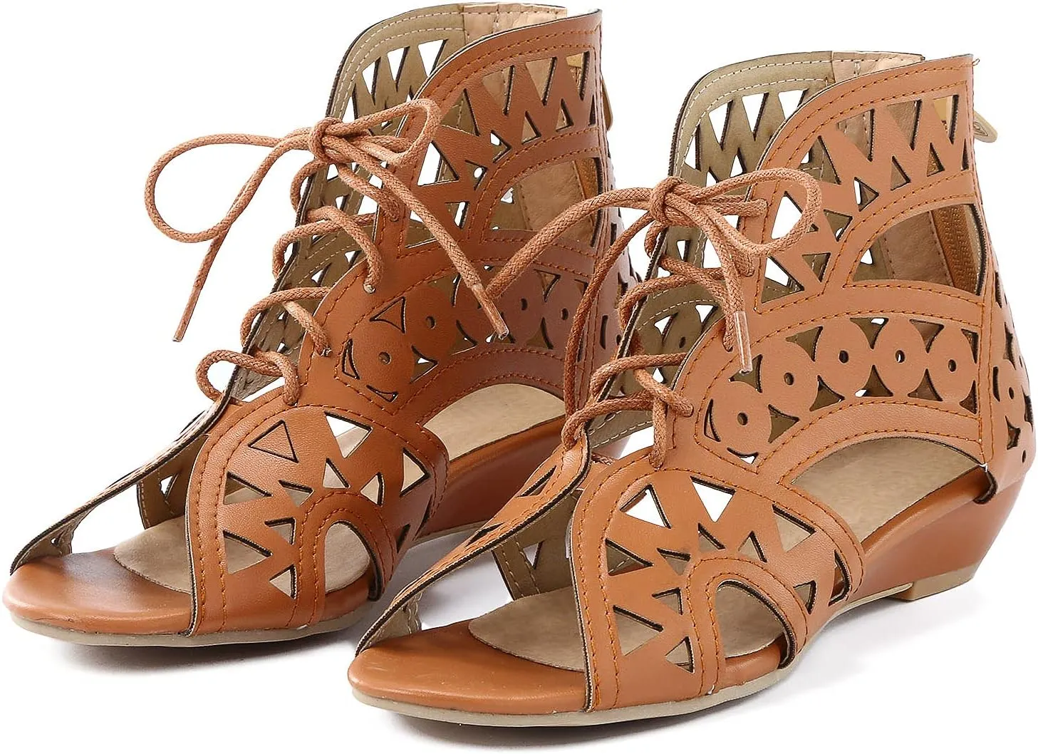 Gladiator Sandals for Women Wedge,Comfy Sandals Ladies Fashion Hollow Out Low Heel Lace Up Vintage Sandals with Zipper