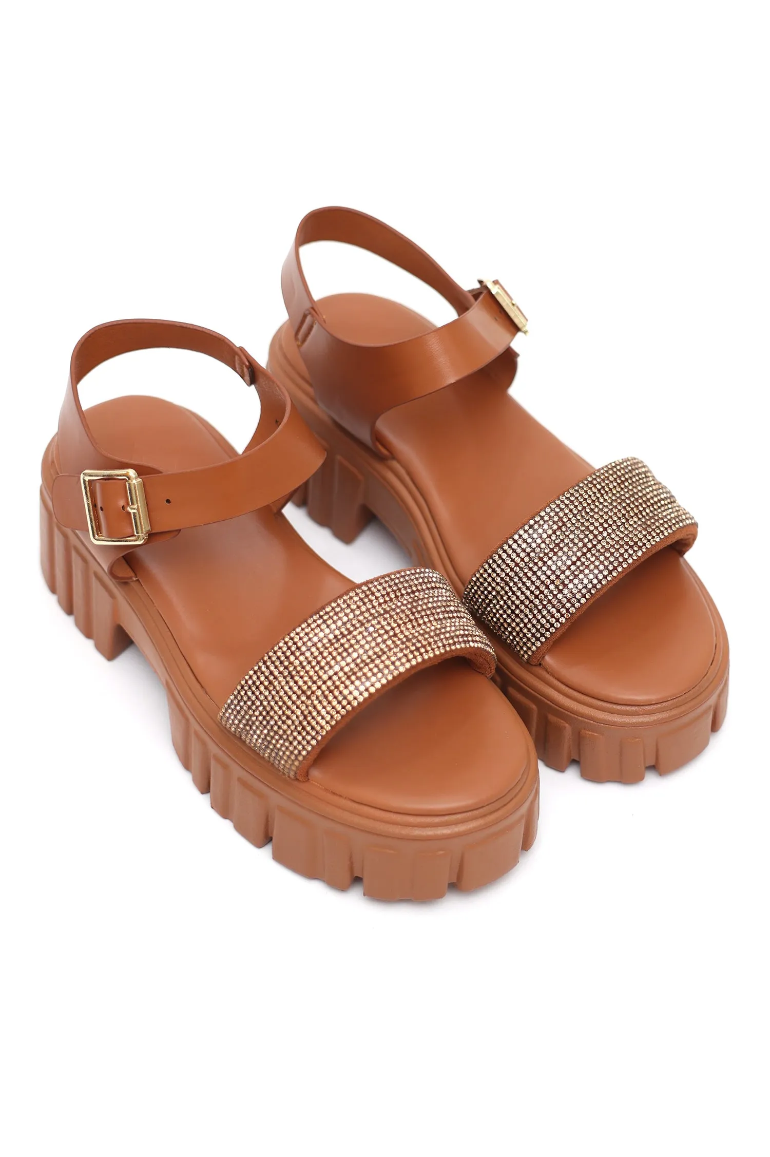 GLITTER LUXE PLATFORM SANDALS-CAMEL