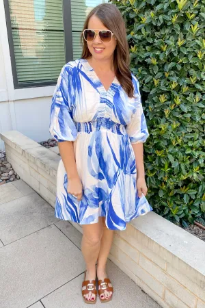 I'm So Excited Brushstroke Blue Print Dress