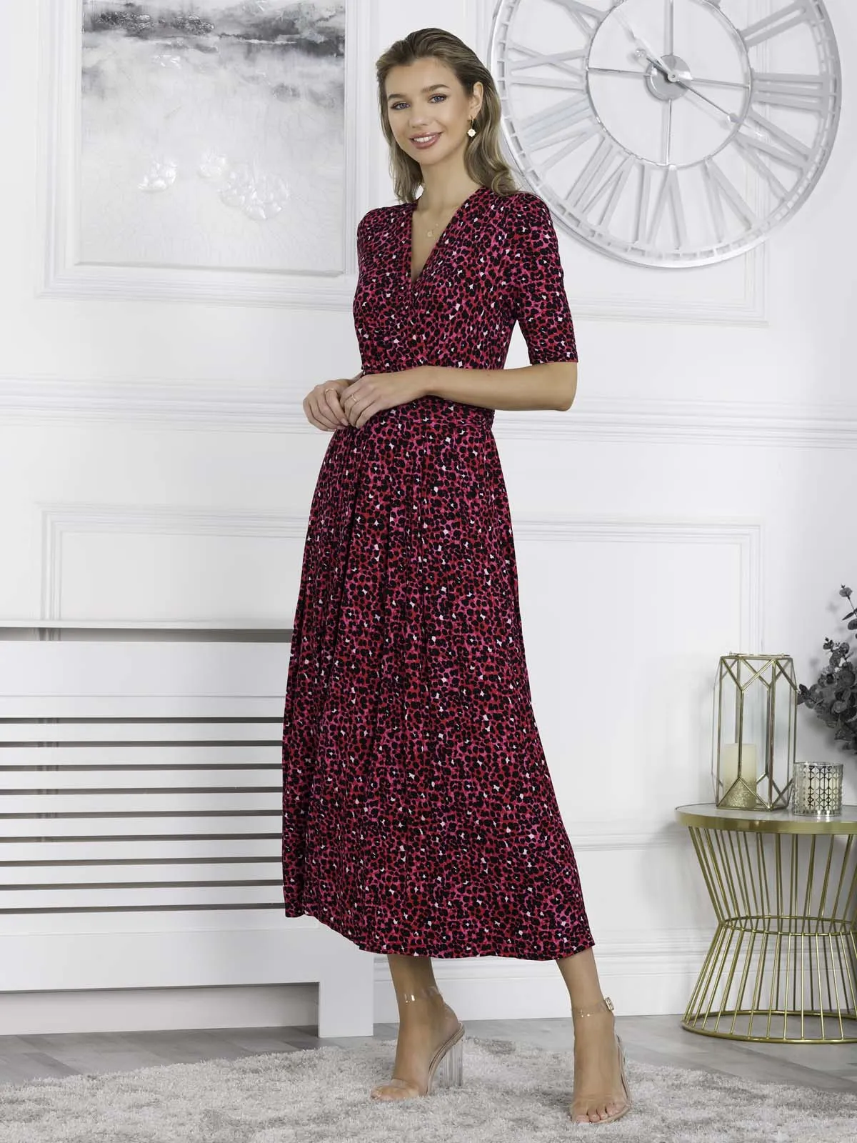 Jolie Moi Macara Animal Print Wrap Maxi Dress, Pink Animal