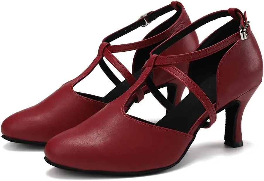 JUODVMP Women's Dance Shoes Leather Cross Strap Character Dance Shoes Ladies Modern Tango Salsa Heels